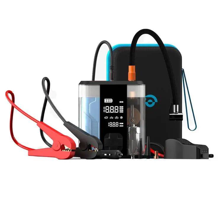 Powerology PPO47 jump starter clamps connected to car battery