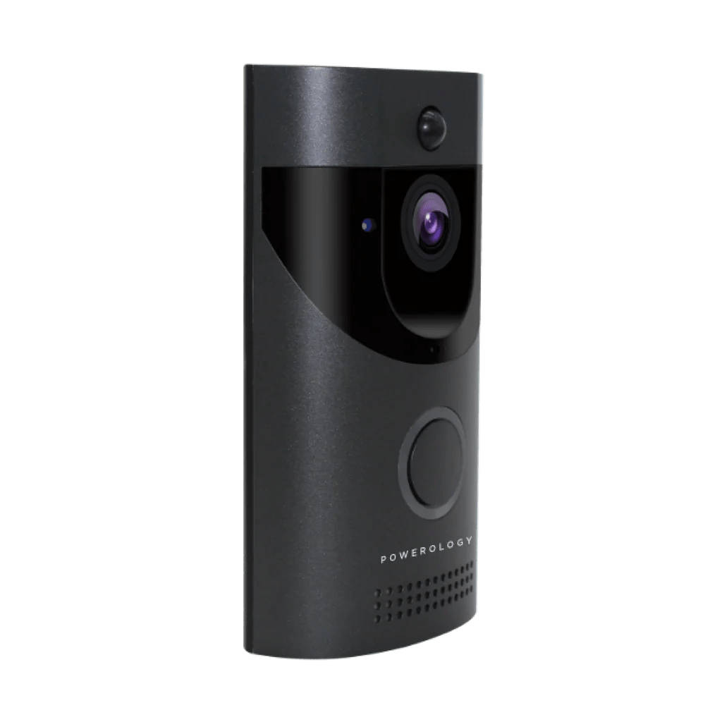 Powerology video doorbell mounted beside door