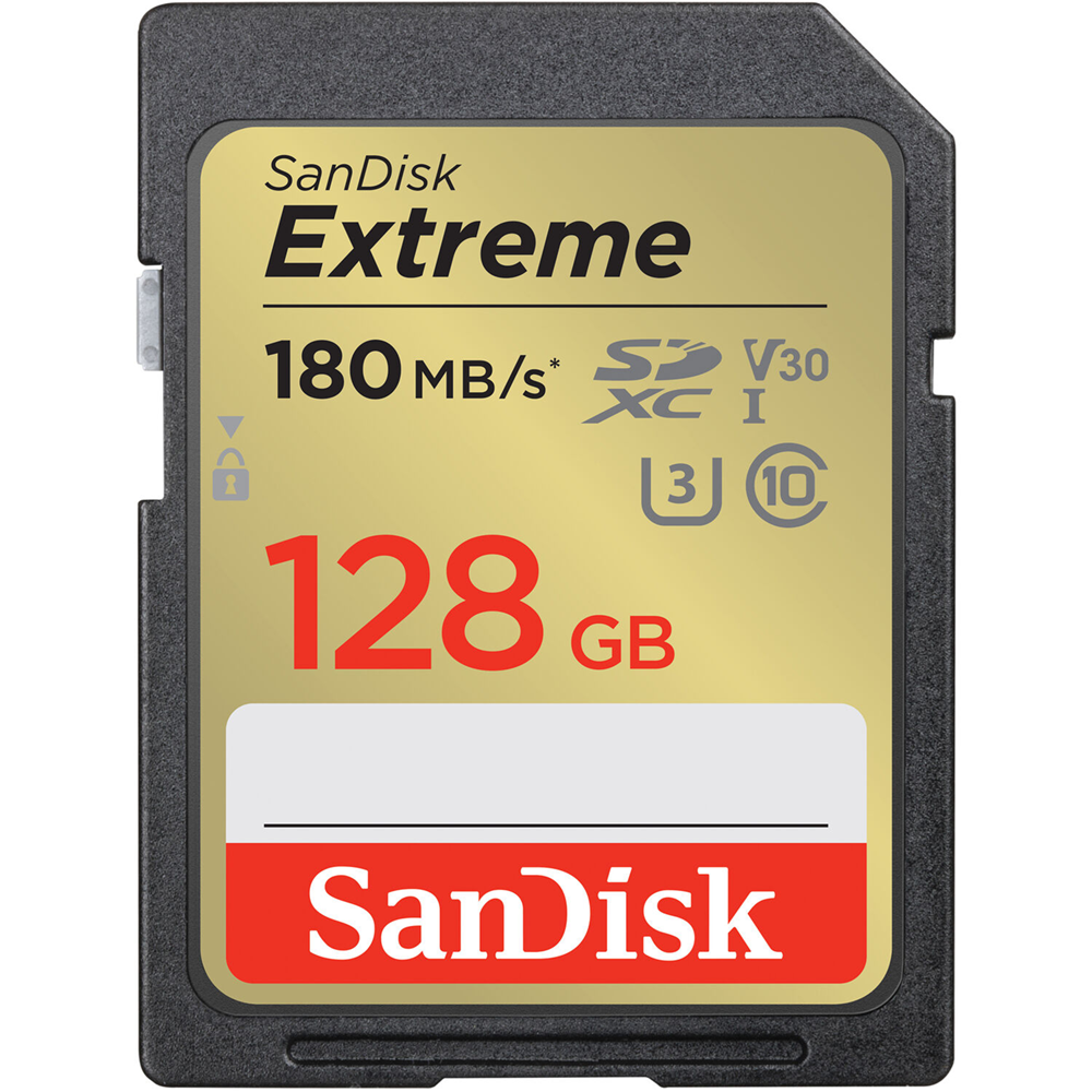 SanDisk Extreme SDXC 128GB UHS-I memory card, up to 180MB/s, U3 V30 4K UHD