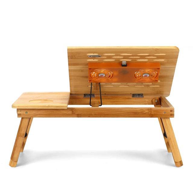 Wooden laptop table cooling fan side view